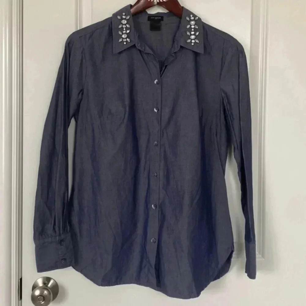 Ann Taylor Button Down Blouse with Bedazzled Collar